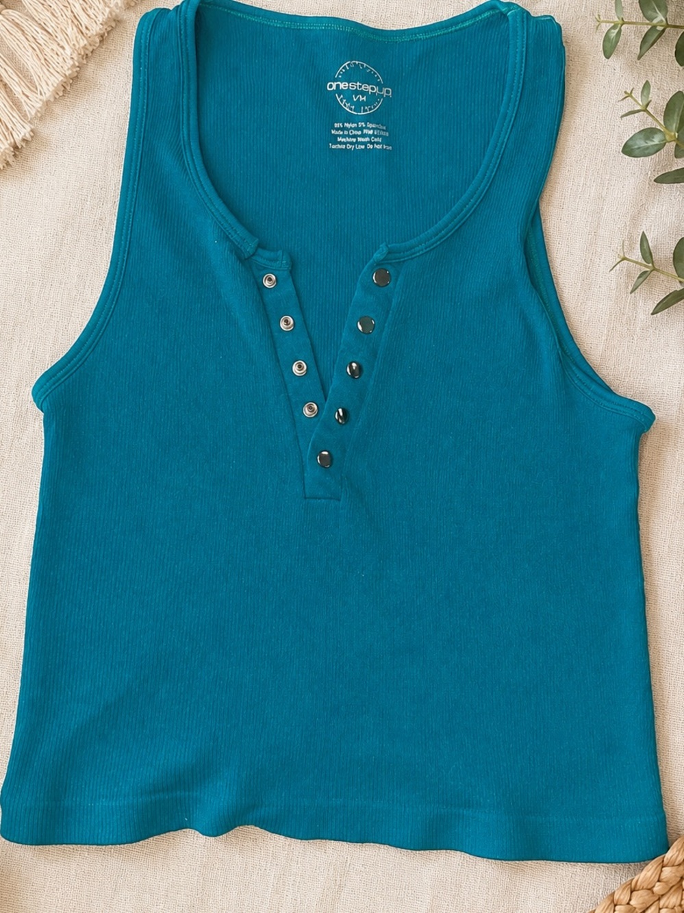 One Step Ahead Teal Snap-Front Ribbed Tank